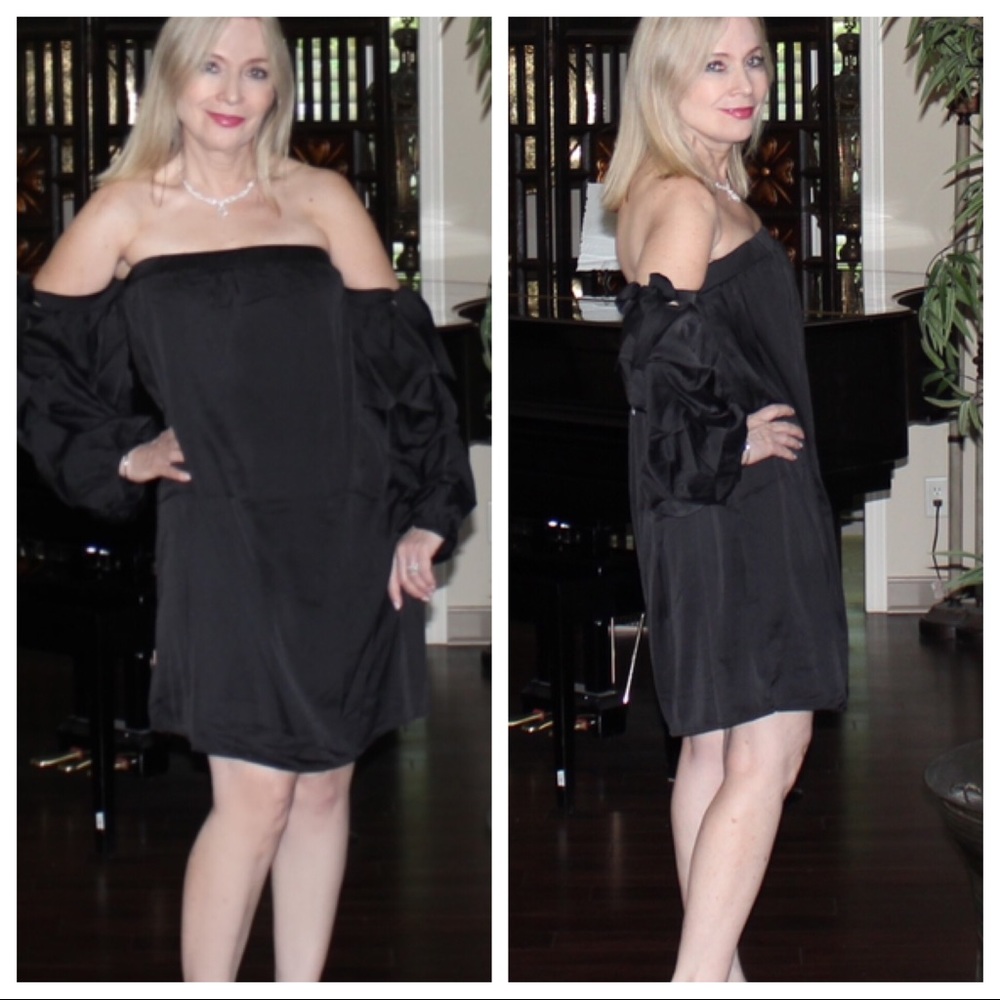 3/$36 Off shoulders tie sleeve black party dress - Picture 2 of 4